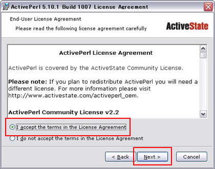ActivePerl License Agreementが表示される